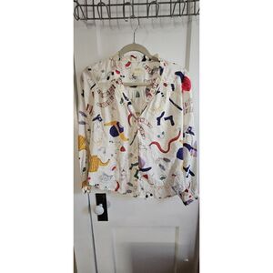 Anthropologie Maeve Snow Day Ski‎ Gear Print Button Up Blouse V-Neck US 2P